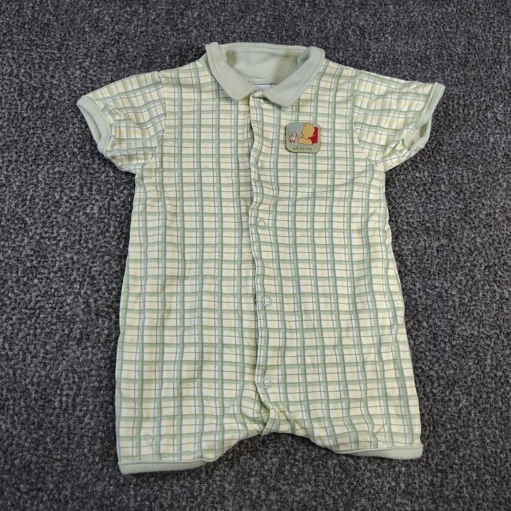 Y2K Disney Baby Winnie the Pooh Green Plaid Romper 3-6 Months